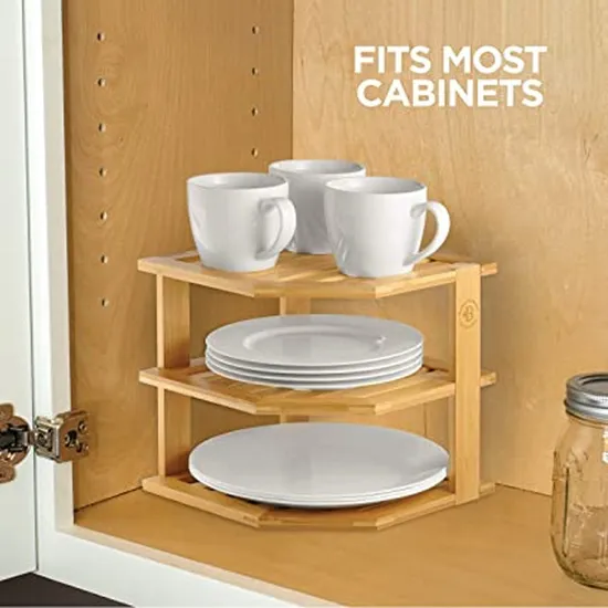 Bamboo Kitchen Corner Shelf Organizer Cabinet Corner Shelf with 3 Layers for Plates/Dishes/Bowls