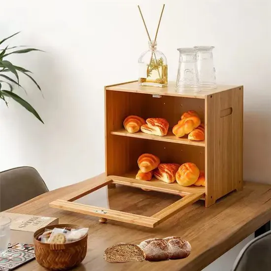 Double Layer Bamboo Bread Box Storage Container with Clear Windows for Kitchen Countertop