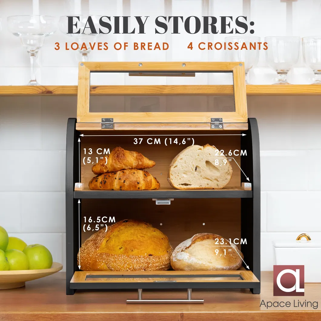 Double Large Bamboo Bread Storage Box with Cutting Board for Kitchen