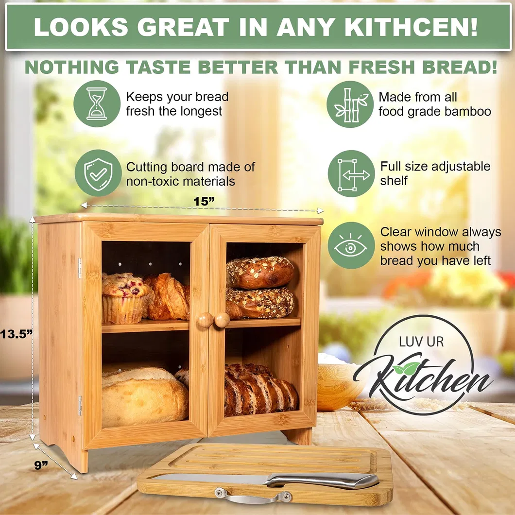 Multifunctional 2 Layer Bamboo Bread Box with Cutting Board for Kitchen Counter and Bakery