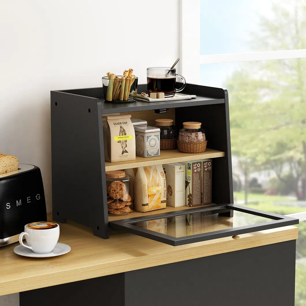 Durable Black Color 2-Tier Bamboo Kitchen Bread Storage Box