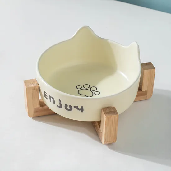 Ceramic Pet Cat Bowl Dog Bowl with Bamboo Wooden Shelf