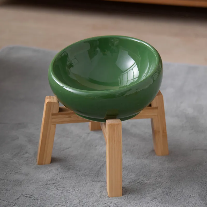 Creative Ceramic Pet Water Bowls Food Bowl with Sturdy Bamboo Base