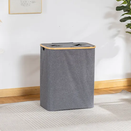160 L Double-Opening Bamboo Fabric Laundry Basket Large-Capacity Storage Basket with Double Compartments.