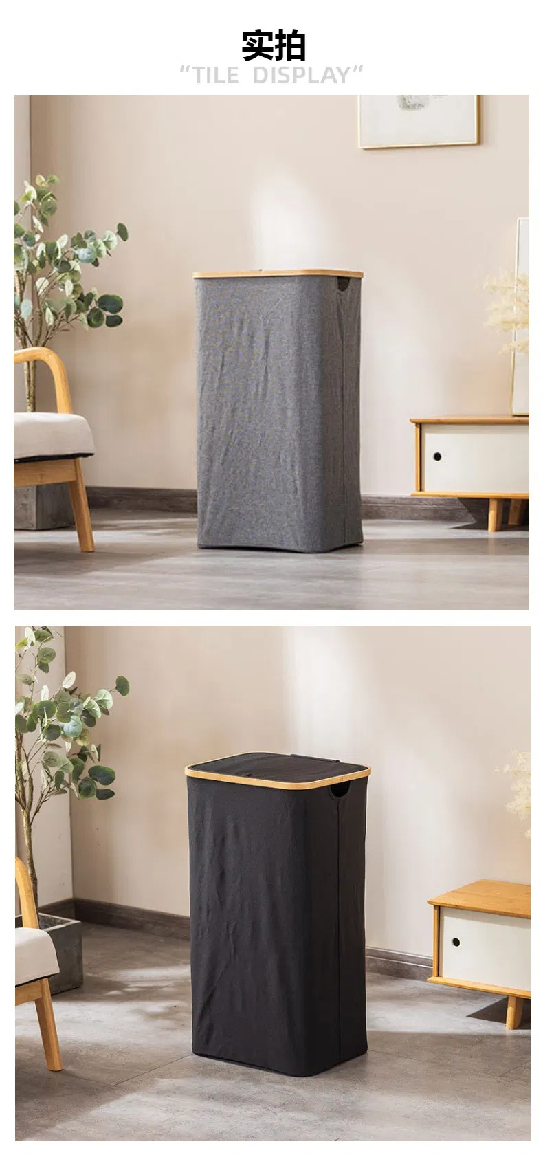 Foldable 100L Bamboo Circle Fabric Laundry Basket with Inner Bag for Household and Bathroom Storage
