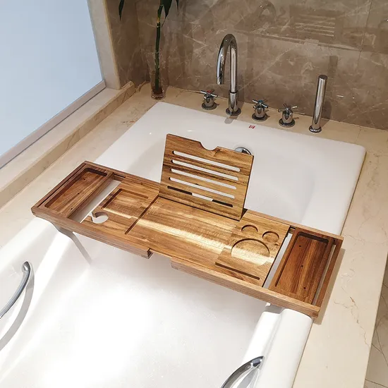 Luxury Extendable Acacia Wooden Bathtub Caddy Tray with Wine Holder and Book Stand