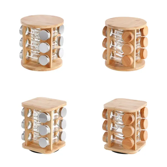 12-Jar Rotating Bamboo Spice Rack for Herbs & Seasonings
