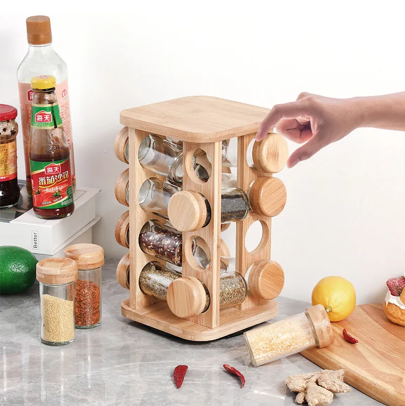 20-Jar Revolving Bamboo Spice Holder for Cabinet Use