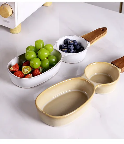 Wooden Handle Ceramic Snack Bowl Divider Ceramic Serving Dish Salad Container Plate
