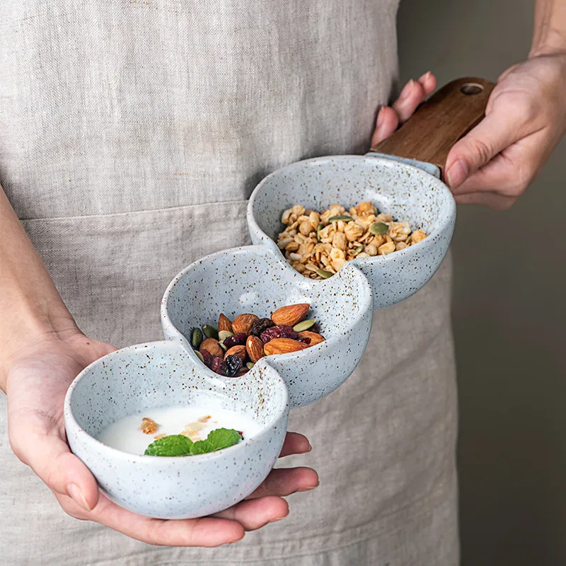 Elegant 3-Piece Ceramic Bowl Set with Wooden Handles for Snacks