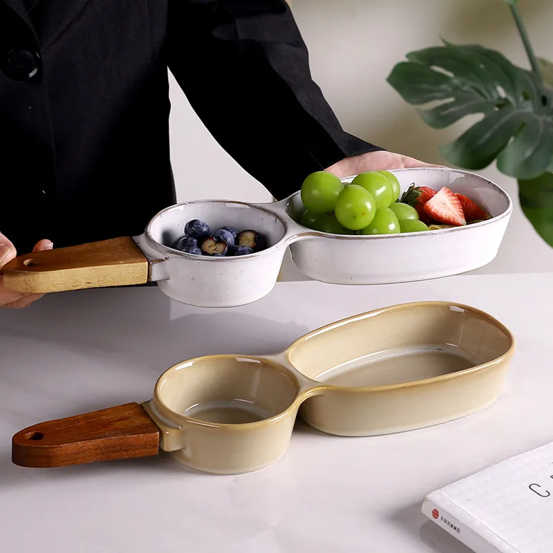 Wooden Handle Ceramic Snack Bowl Divider Ceramic Serving Dish Salad Container Plate