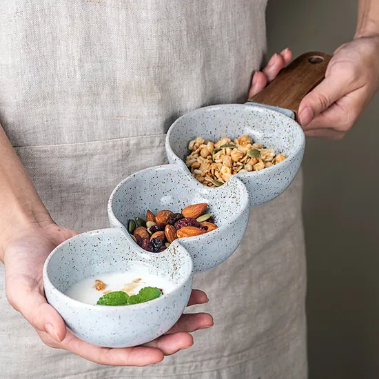 Elegant 3-Piece Ceramic Bowl Set with Wooden Handles for Snacks