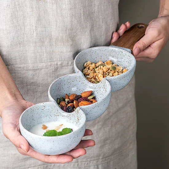 Elegant 3-Piece Ceramic Bowl Set with Wooden Handles for Snacks