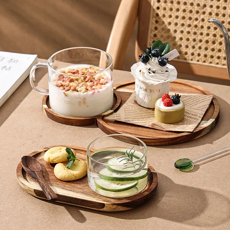 Acacia Wood Tray with Glass Bowl for Desserts Pudding Snacks