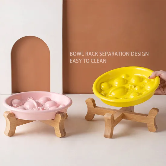 Anti - Choking and Slow - Feeding Ceramic Pet Food Plates Cat Dog Food Bowl with Bamboo Stand