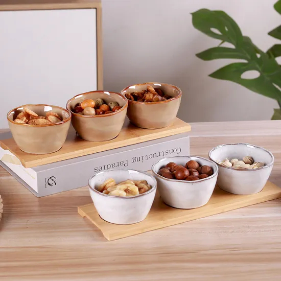 Handy Ceramic Snack Bowl and Plate Set with Bamboo Tray for Dried Fruits & Candies