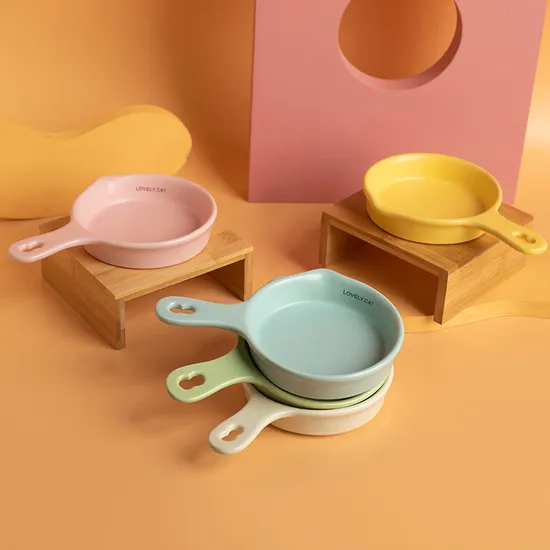 Flat - Bottomed Ceramic Pot Cat Bowl Slow - Feeding Bowl Drinking Bowl with Handle and Bamboo Stand