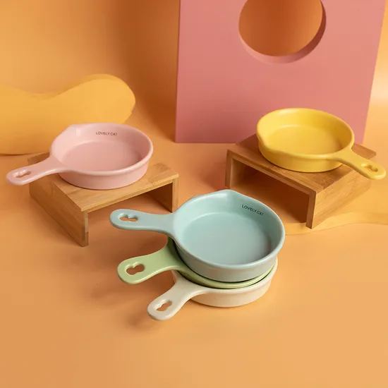 Flat - Bottomed Ceramic Pot Cat Bowl Slow - Feeding Bowl Drinking Bowl with Handle and Bamboo Stand