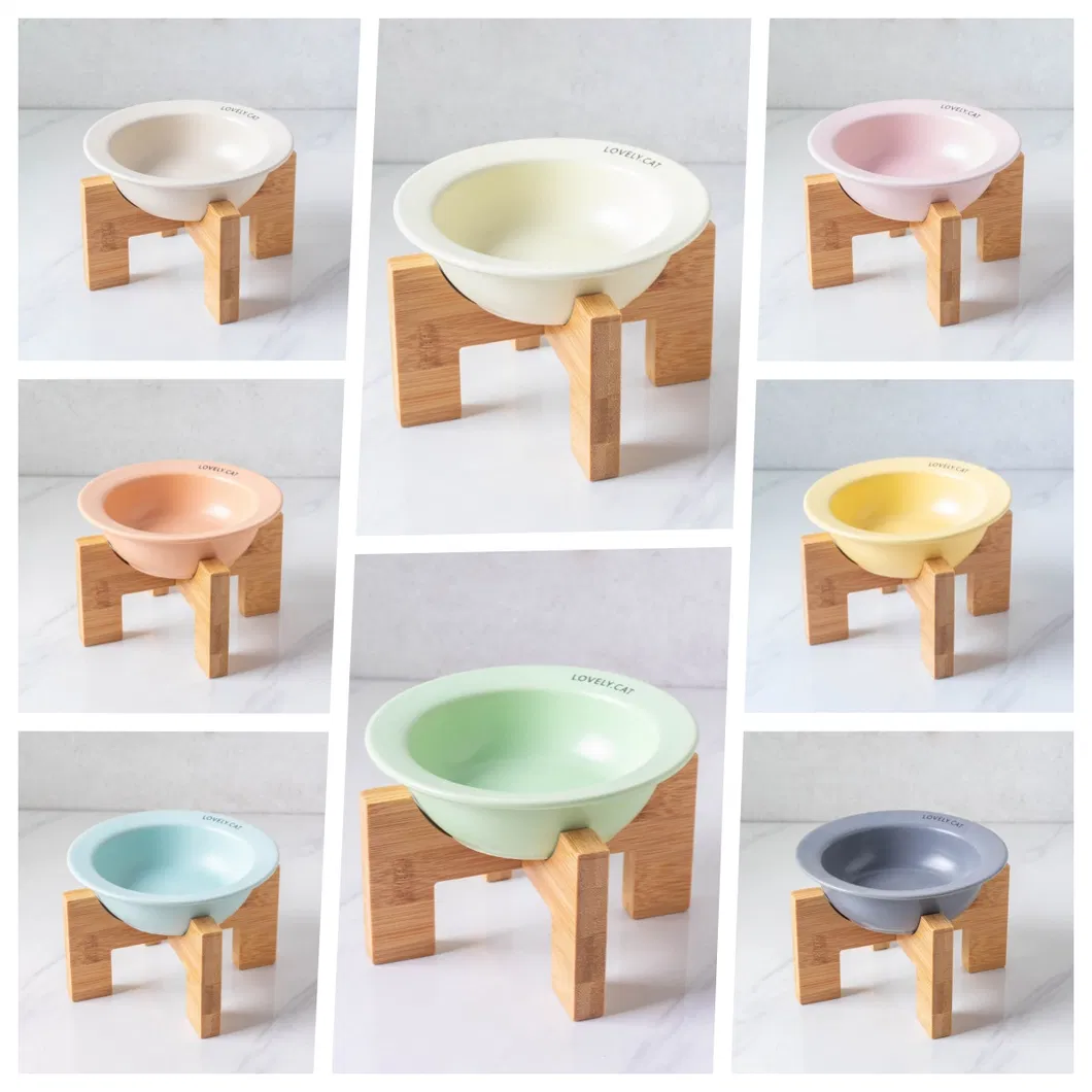Dog Supplies Pet Ceramic Food Bowl with Wooden Rack