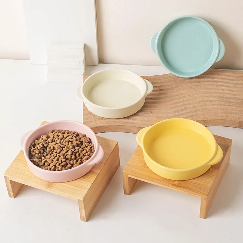 Wholesale Non Spill Double - Ear Ceramic Pet Bowl Dog and Cat Feeding Bowl with Bamboo Stand
