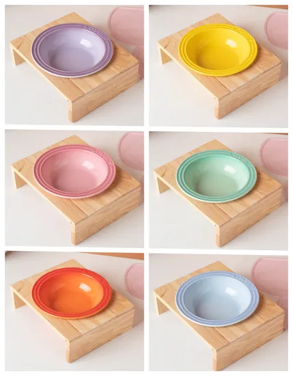 Ceramic Pet Bowl Dog Cat Food Water Bowl / Plate with Bamboo Wooden Stand