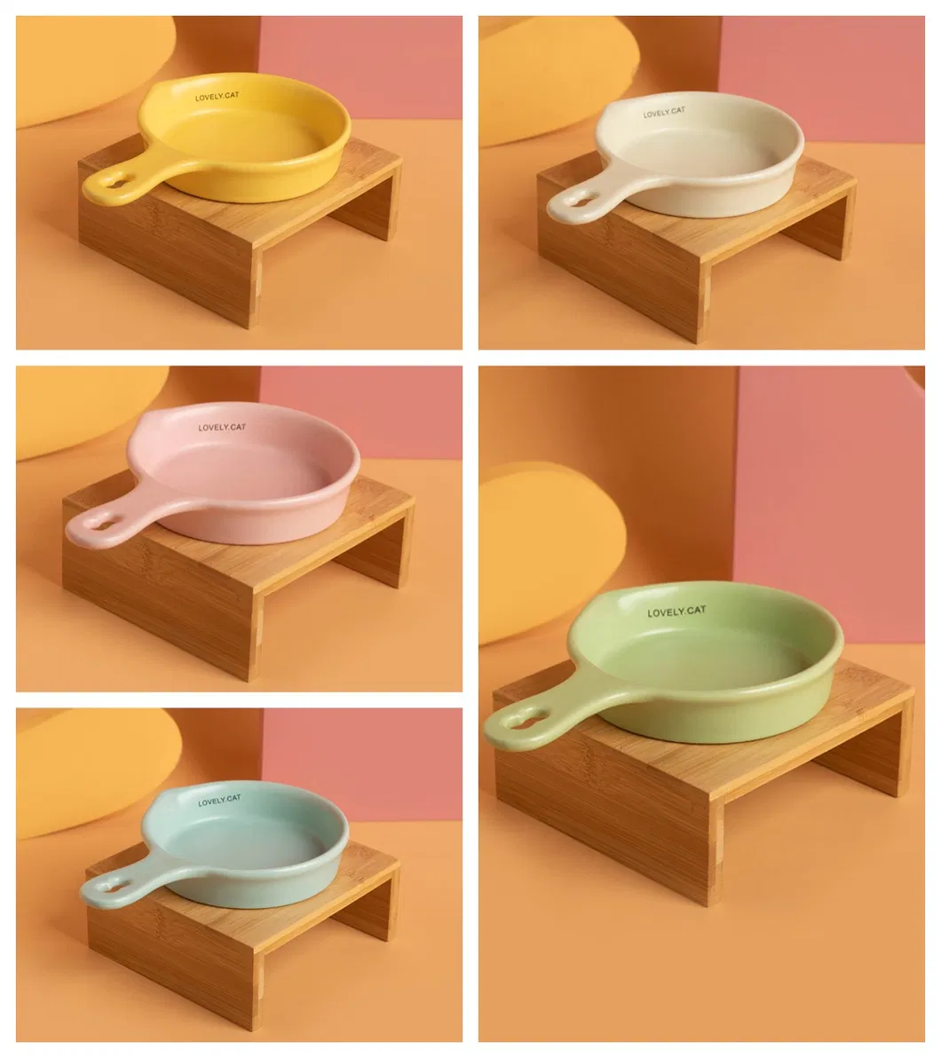 Flat - Bottomed Ceramic Pot Cat Bowl Slow - Feeding Bowl Drinking Bowl with Handle and Bamboo Stand