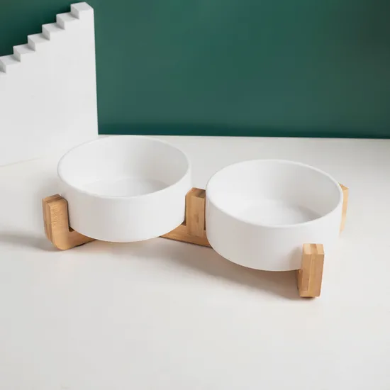 Wholesale Nordic Pet Supplies Ceramic Cat Food Water Bowl Pet Bowl with Bamboo Wooden Stand
