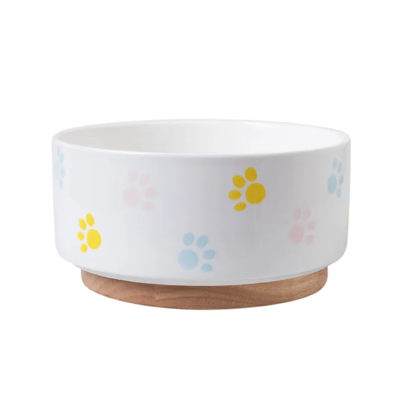 Round Custom Design Ceramic Pet Food Bowl with Wooden Base