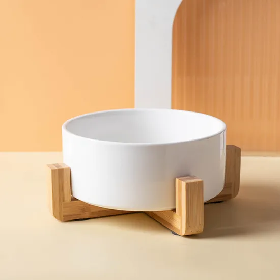 Solid Wood High - Foot Ceramic Pet Cat and Dog Bowl
