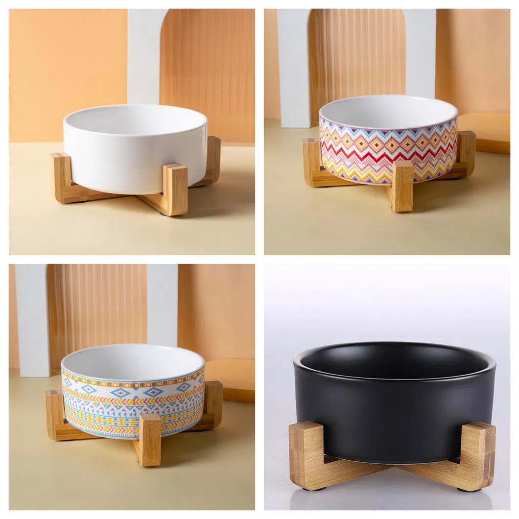 Solid Wood High - Foot Ceramic Pet Cat and Dog Bowl