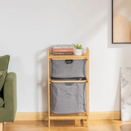 Double - Layer Bathroom Floor - Standing Bamboo and Fabric Storage Shelf as a Dirty Clothes Basket