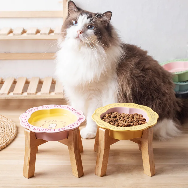 Flower - Edge Ceramic Cat Bowl Dog Food Bowl Feeding Bowl with High Wooden Rack
