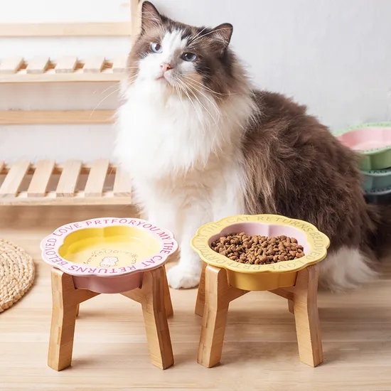 Flower - Edge Ceramic Cat Bowl Dog Food Bowl Feeding Bowl with High Wooden Rack