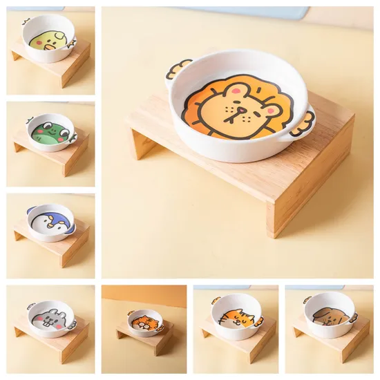Korean Style Ceramic Dog Bowl and Cat Food Bowl with Magical Animal Double - Ear and Bamboo Stand