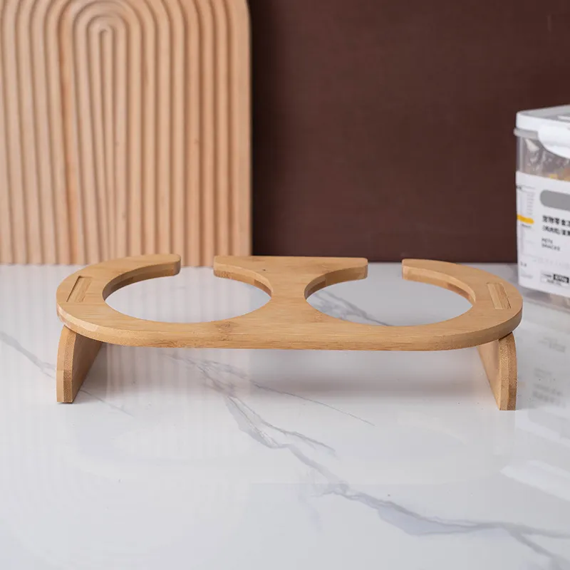No Spill Ceramic Pet Bowl Dish with Wood Stand Ceramic Double Pet Bowl for Dog Cat