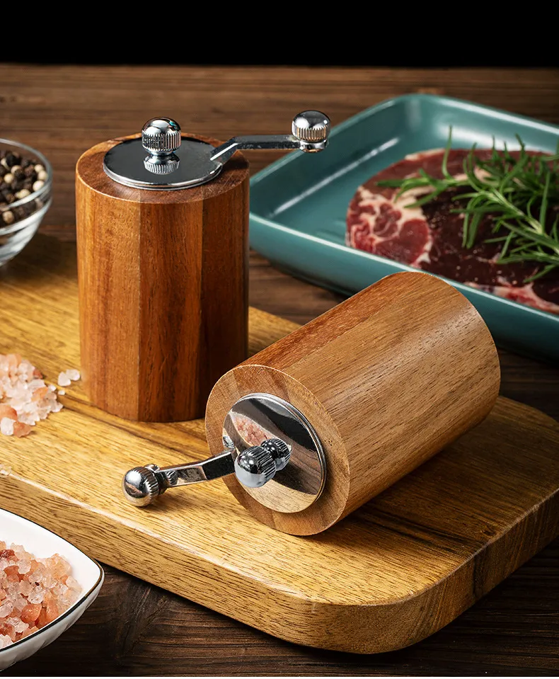 Hand-Cranked Acacia Wood Pepper Grinder Vase with Tray