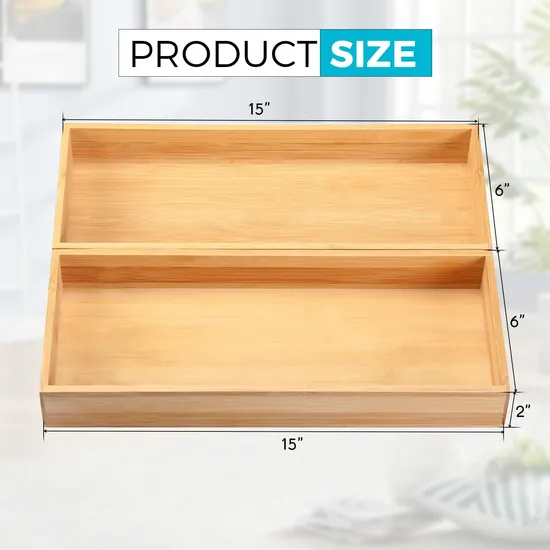 Elegant Rectangle Bamboo Tray Set of 2 Box Set for Desk, Kitchen & Vanity Drawers