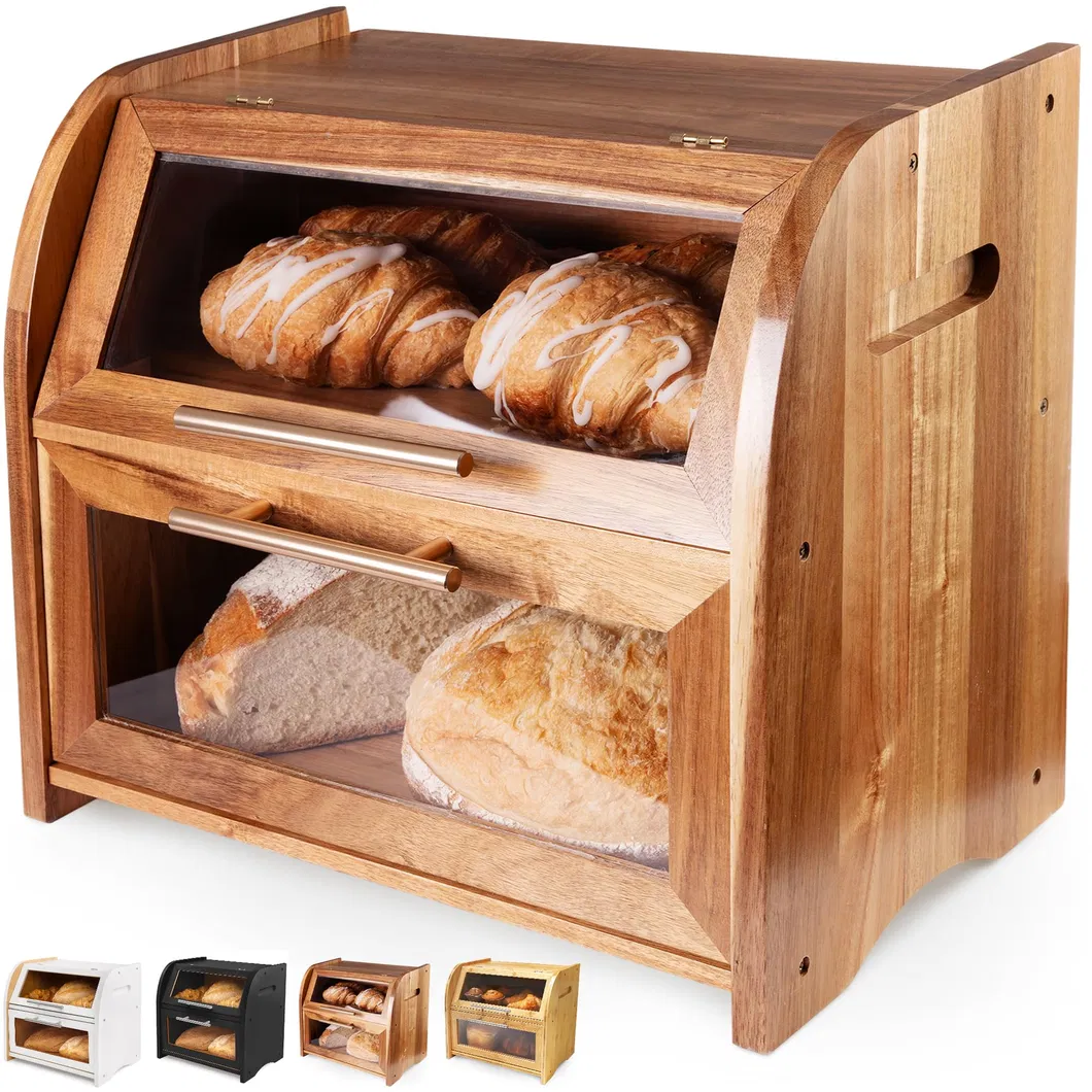 Large Double Acacia Wooden Bread Box Container Storage for Kitchen