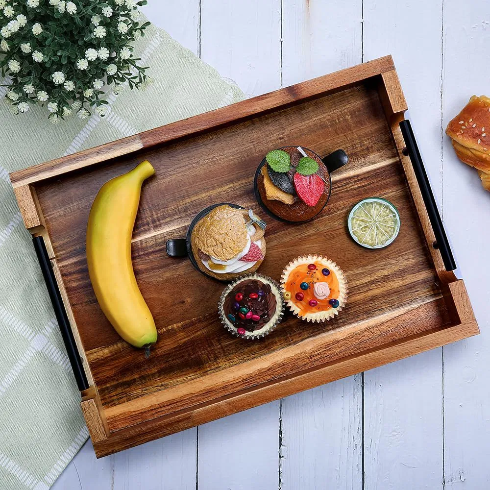 Handcrafted Rustic Wood Serving Tray with Handles for Breakfast in Bed & Dining