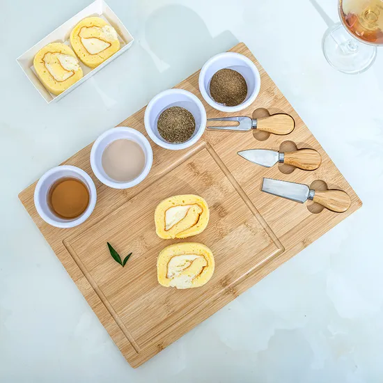 Bamboo Cheese Board and Knife Set with Ceramic Sauce Dishes for Serving Cheese, Charcuterie