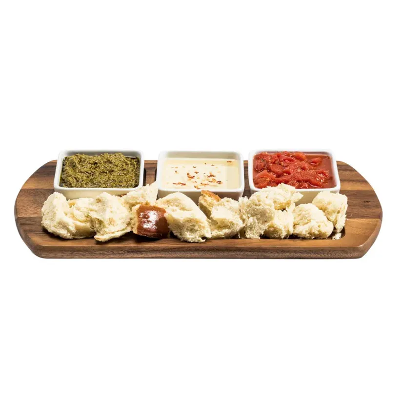 Large Acacia Wood Serving Tray / Plates with 3 Square Ceramic Serving Dishes