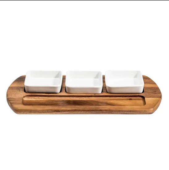 Large Acacia Wood Serving Tray / Plates with 3 Square Ceramic Serving Dishes