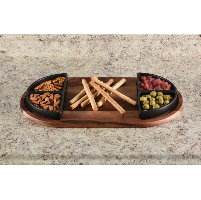 Acacia Cheese Board Serving Tray with 4 Ceramic Bowls
