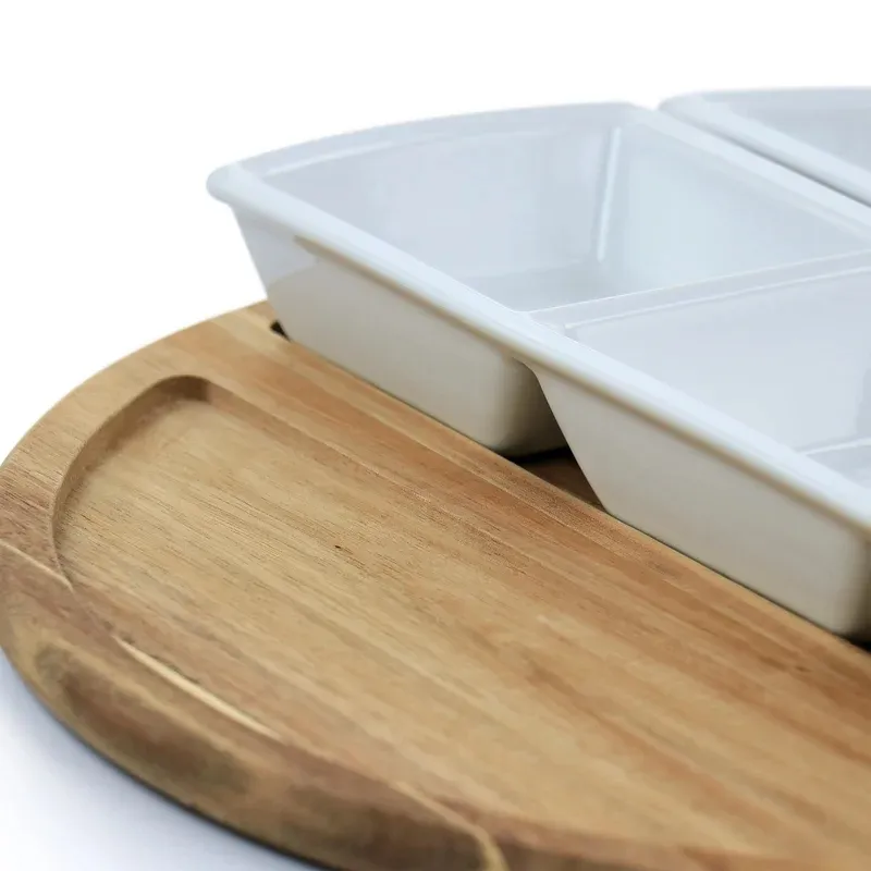 4 Piece Fine Ceramic Sectional Tray Set with Acacia Wood Base /Tray