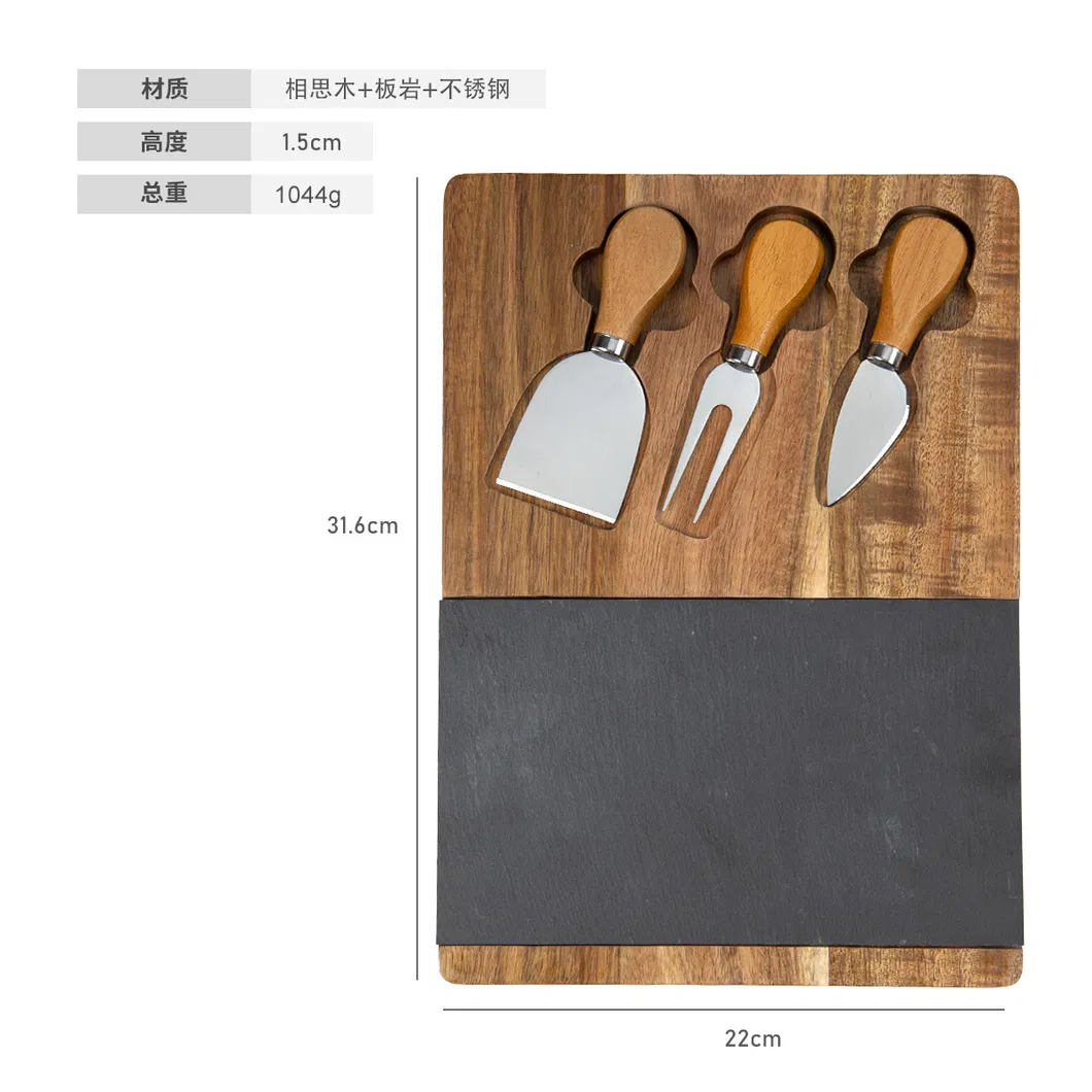 Rubber Wood and Black Slate Serving Board with 3 Knives for Cheese / Charcuterie