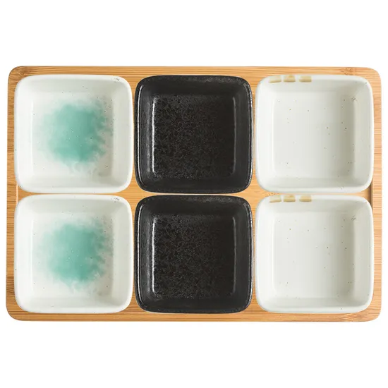 Bamboo Serving Tray with 6 -Compartments Ceramic Serve Bowl Dishes