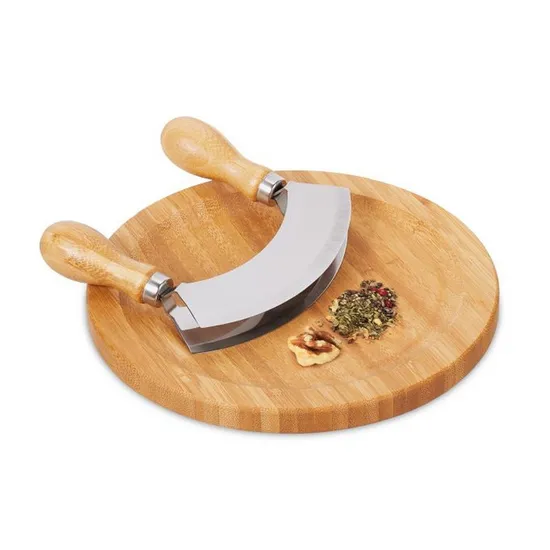 Half Moon Knife and 20 Cm Bamboo Wood Board with Double Blade Steel Herb Chopper