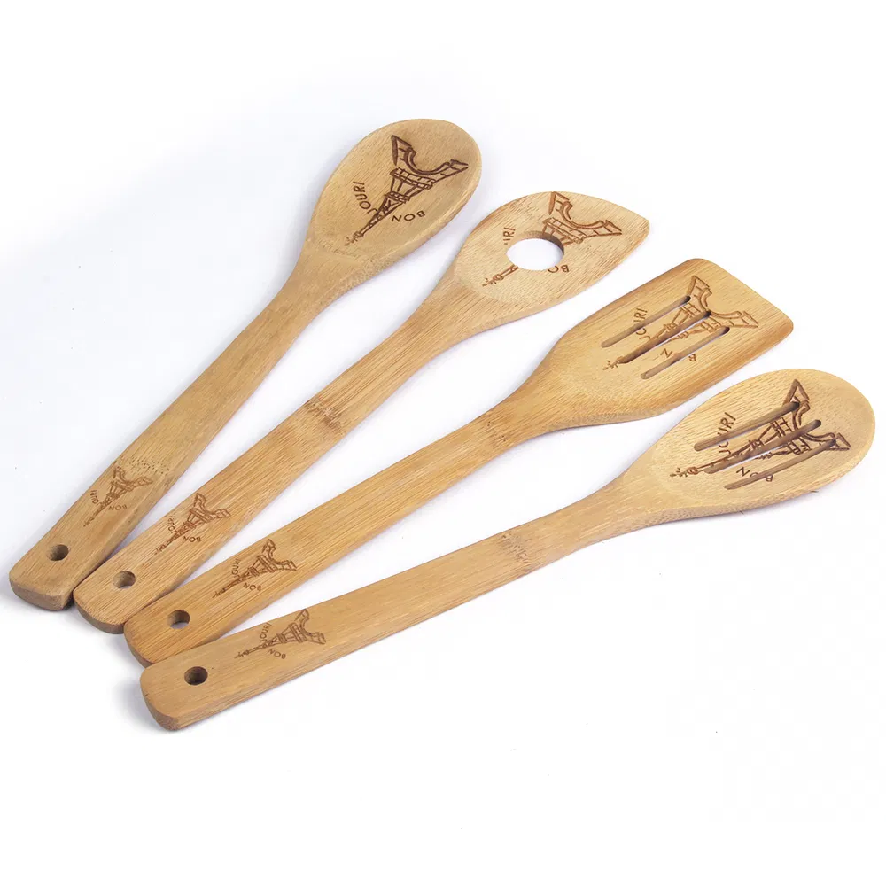 Custom Lasered Bamboo Slotted Spoon and Spatula for Kitchen