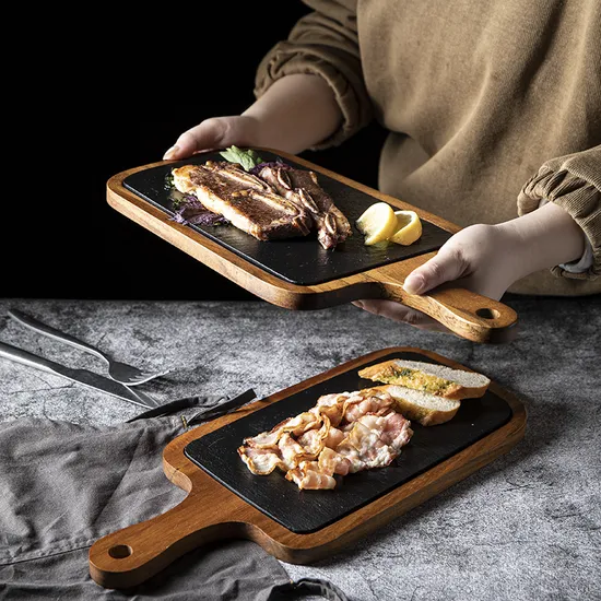 Acacia Wood Serving Platter with Black Slate Inlay and Handle