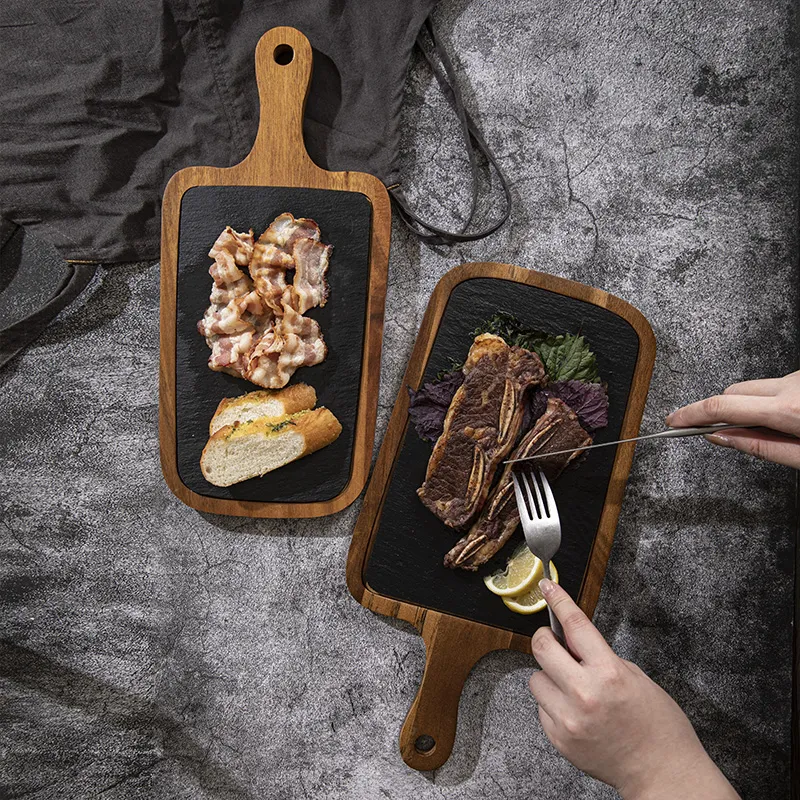 Round Bamboo and Slate Cheese Board and Knife Set